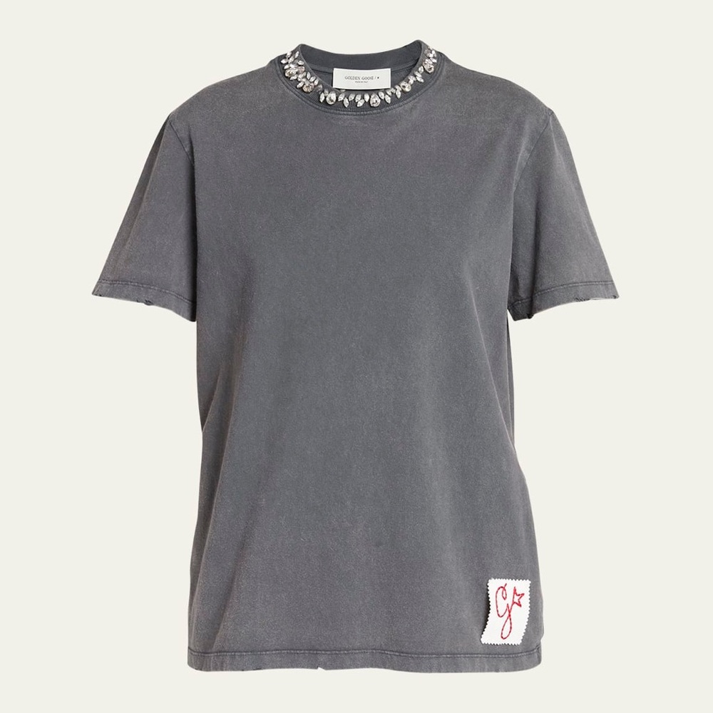 GOLDEN GOOSE Distressed Crystal Embroidered Crewneck Tee